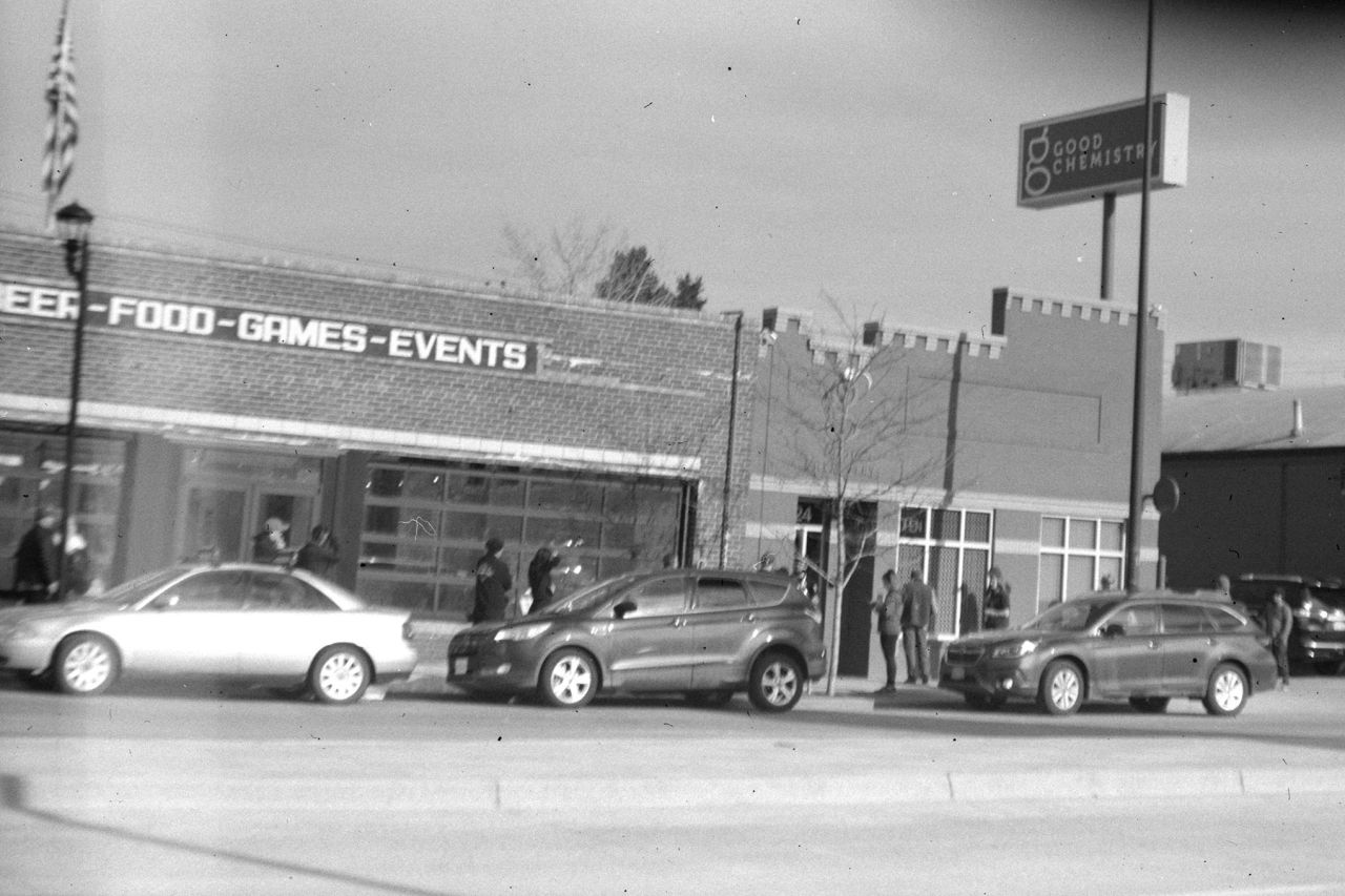 Cannabis Dispensary Line, South Broadway. Photographed with Gauthier folding camera.